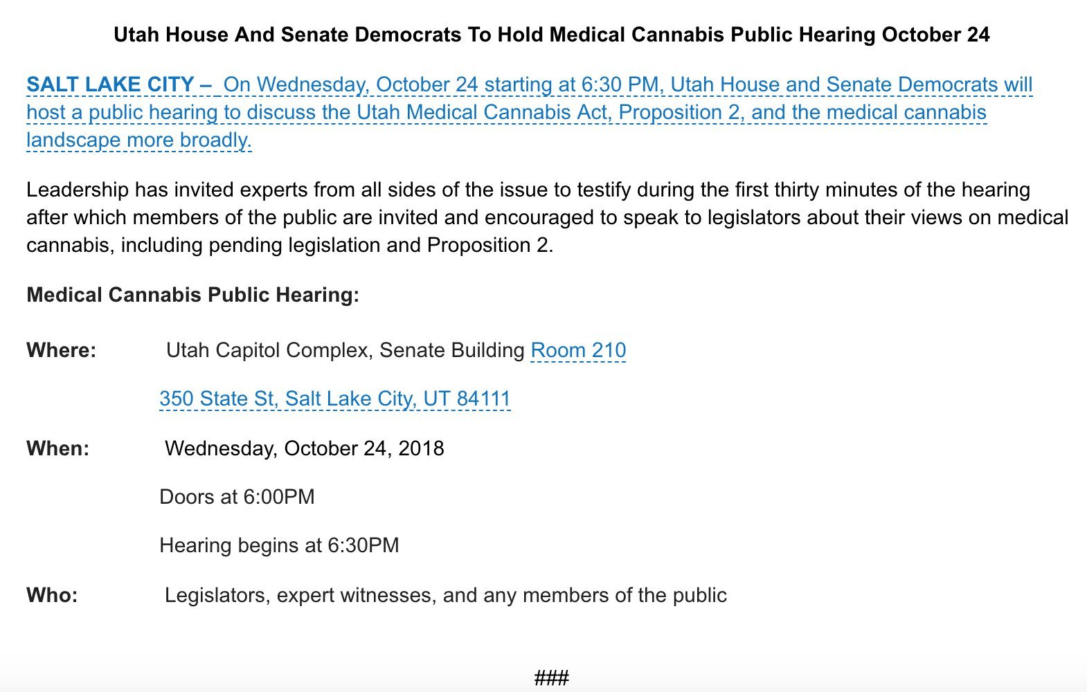 Utah House and Senate Democrats to Hold Medical Marijuana Public Hearing October 24