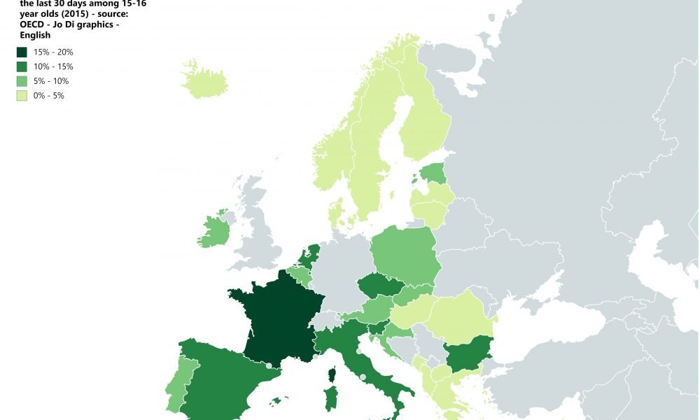 Prevalence of cannabis use in the last 30 days among 15-16 year olds in Europe • Jo Di